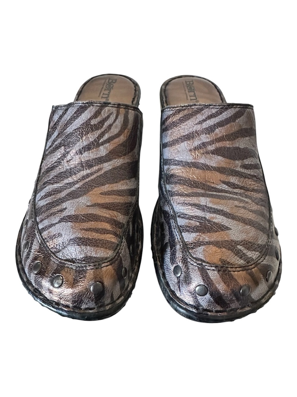 Born Wedge Metallic Brown Zebra Print Leather Clog Mules 9 (40.5) - Picture 8 of 11